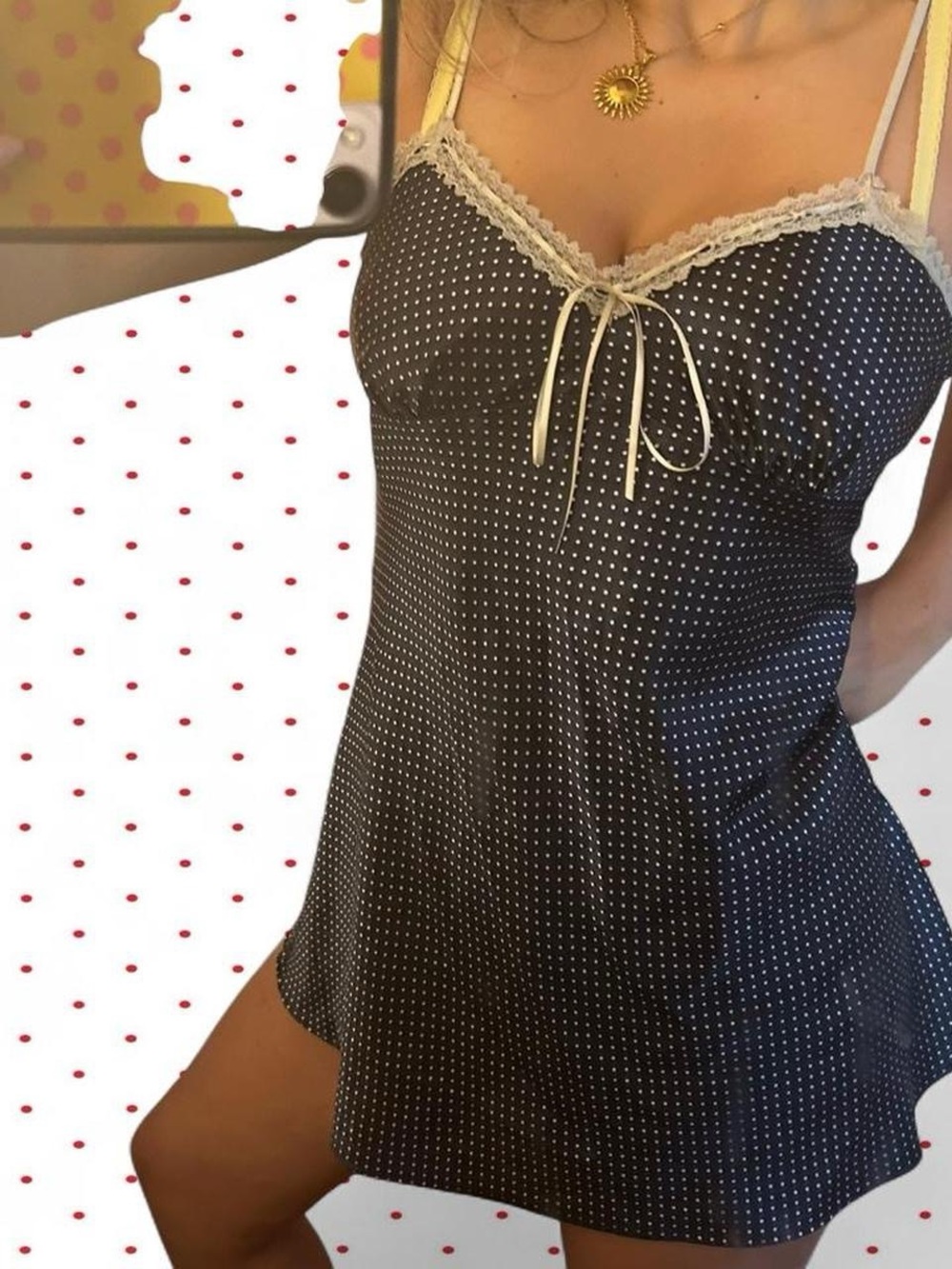 La Vie En Rose Navy Polka Dot Chemise with Cream Lace Trim